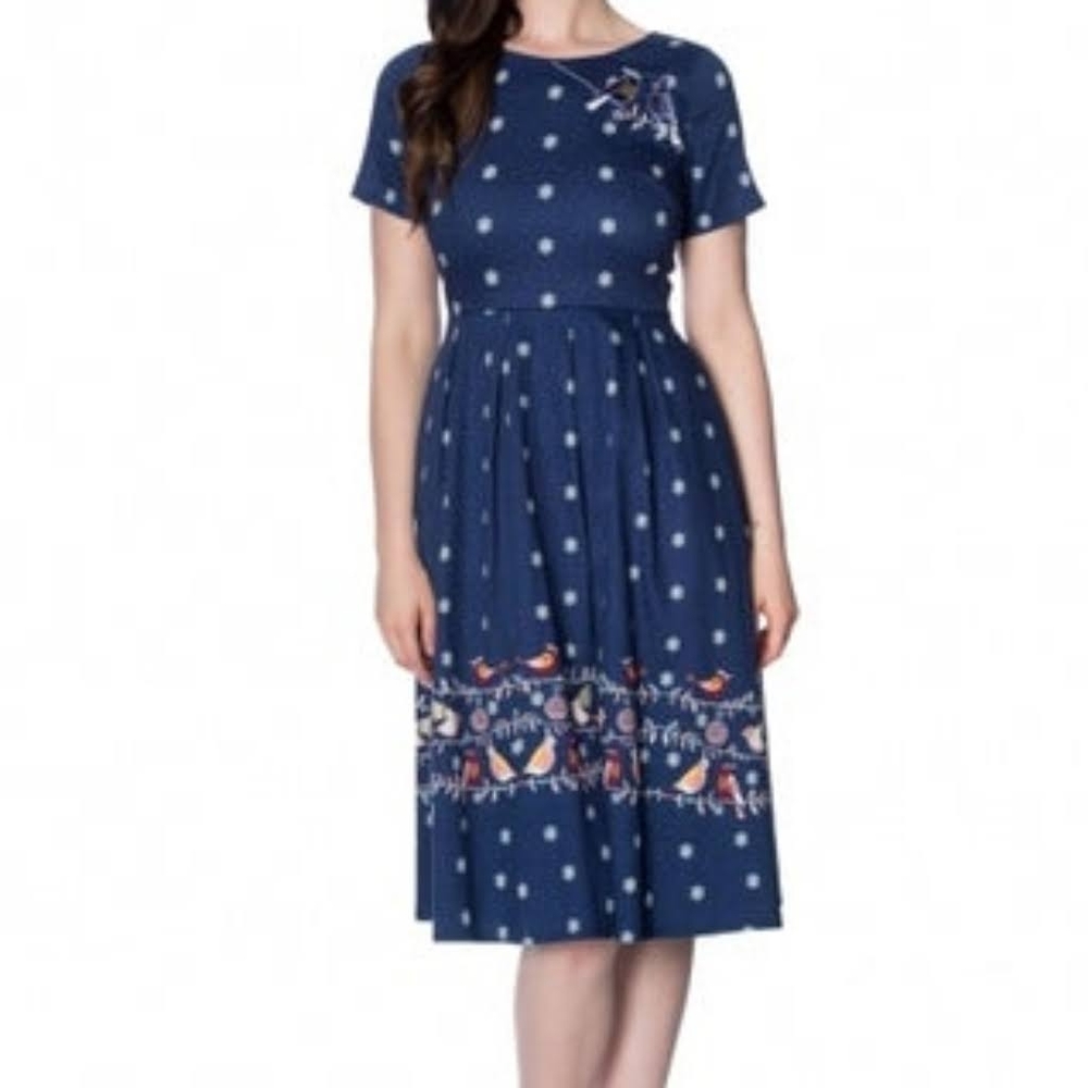 Banned Retro Christmas Bird Embroidered Cardinal Snowflake Fit and Flare Dress